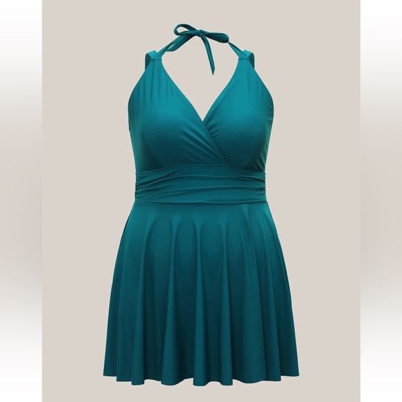 BloomChic Plus Size 2XL Solid Ruffle Hem Empire Waist Halter Neck Swim Dress - Picture 6 of 10